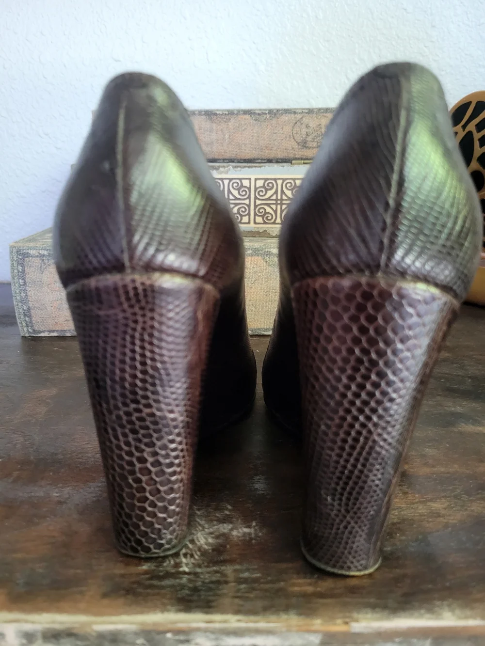 Vintage Halston Dark Brown Lizard-Embossed Wedge Pumps